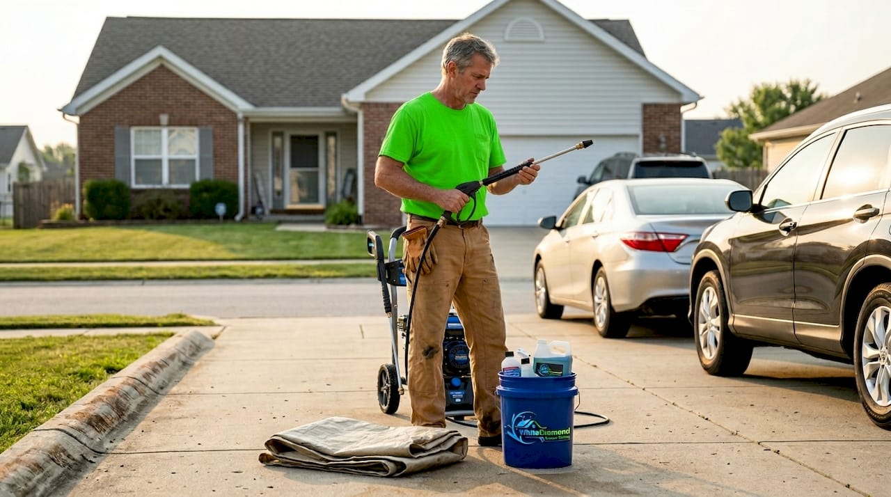 Homeowner checks pressure washer for driveway
