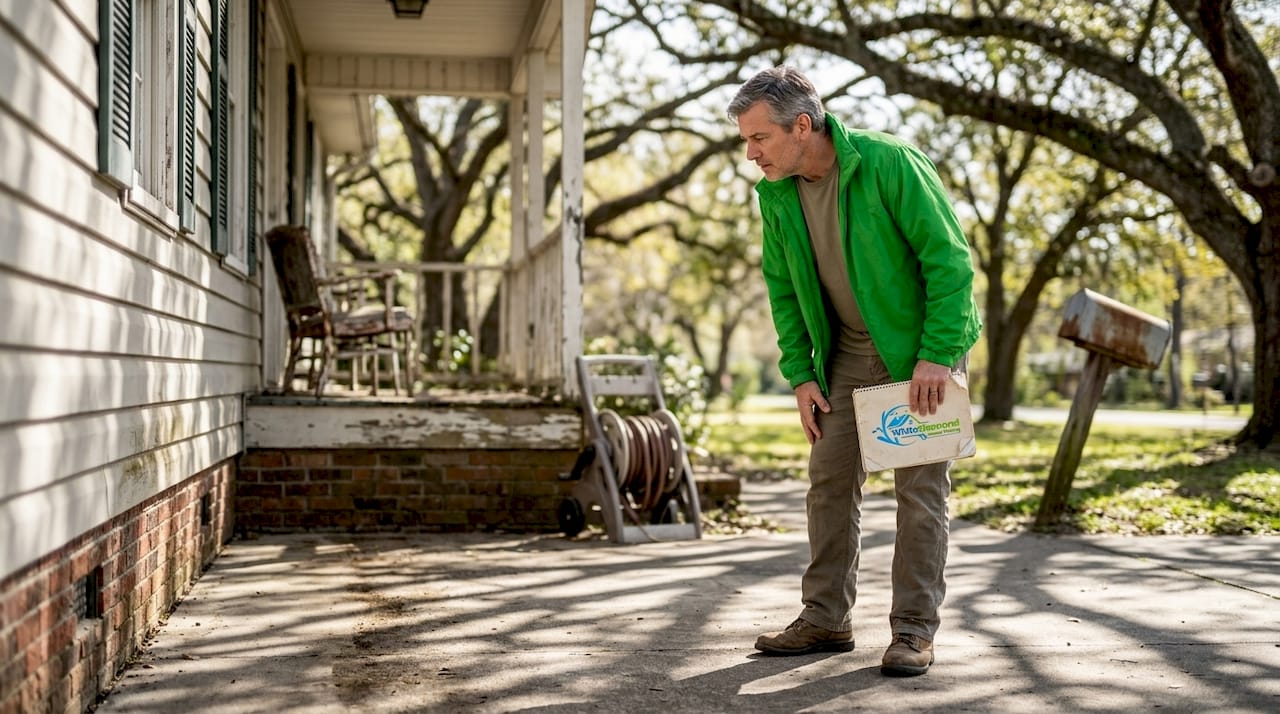 Homeowner inspecting home siding before cleaning