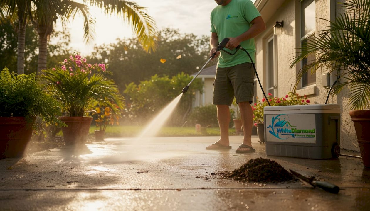 Homeowner using pressure washer on driveway