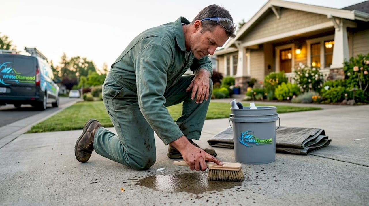 Technician cleaning fresh oil stain on driveway