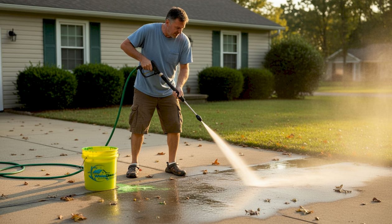 Homeowner pressure washing driveway pavement