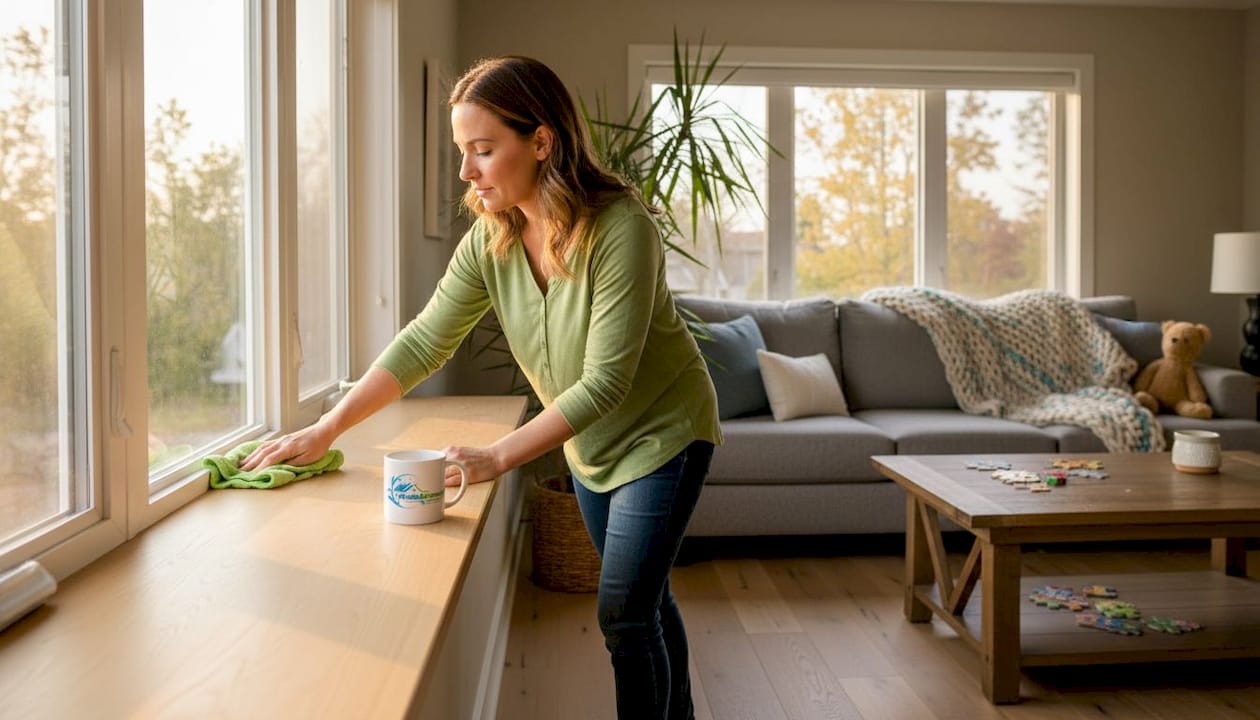 Woman cleaning window ledge in bright living room