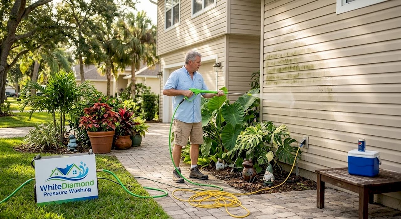 Homeowner washing vinyl siding with pressure washer