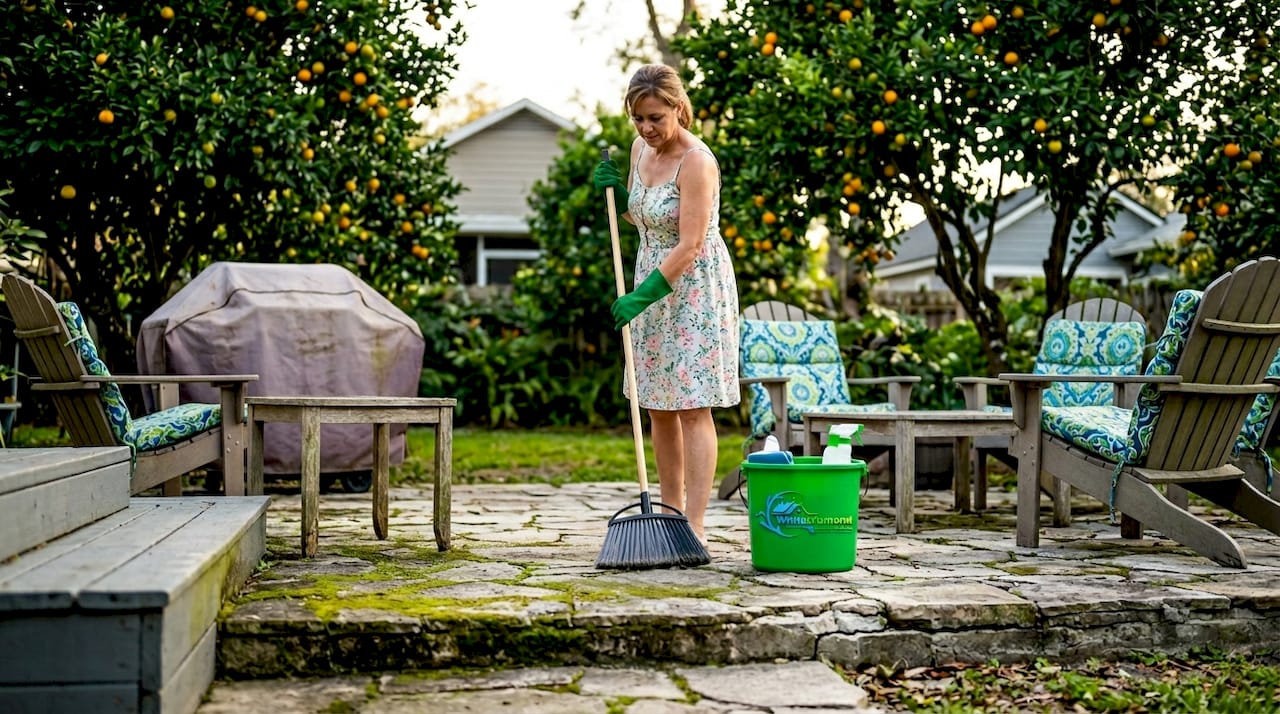 Homeowner cleaning stone patio in Citrus County