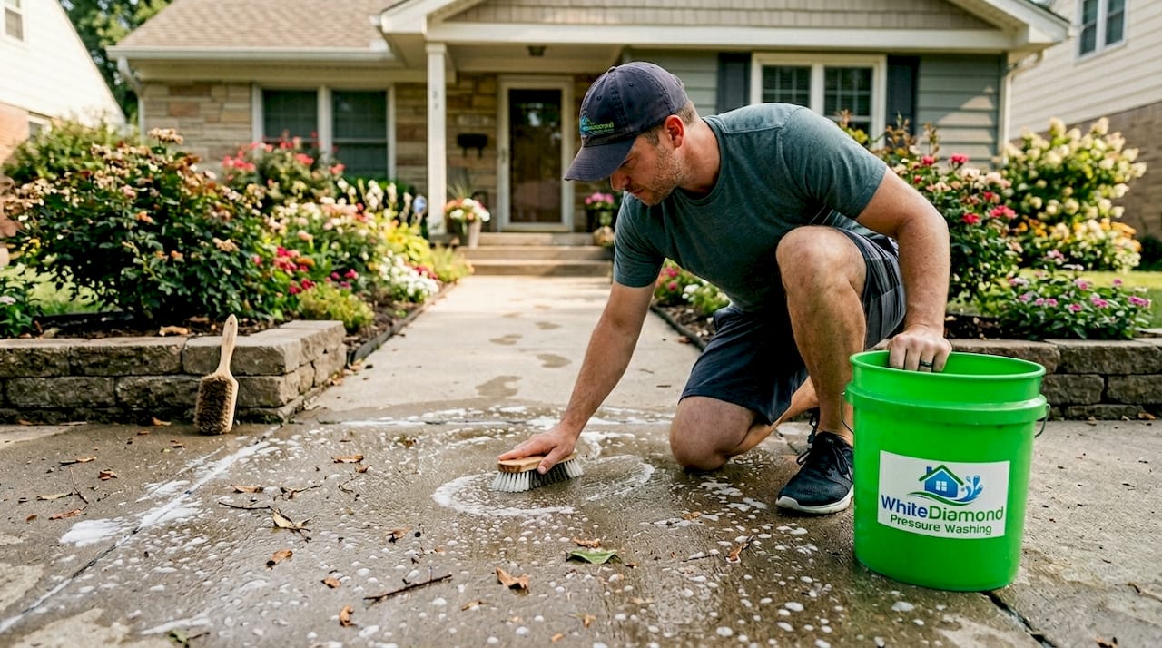 Homeowner scrubbing suburban sidewalk in morning