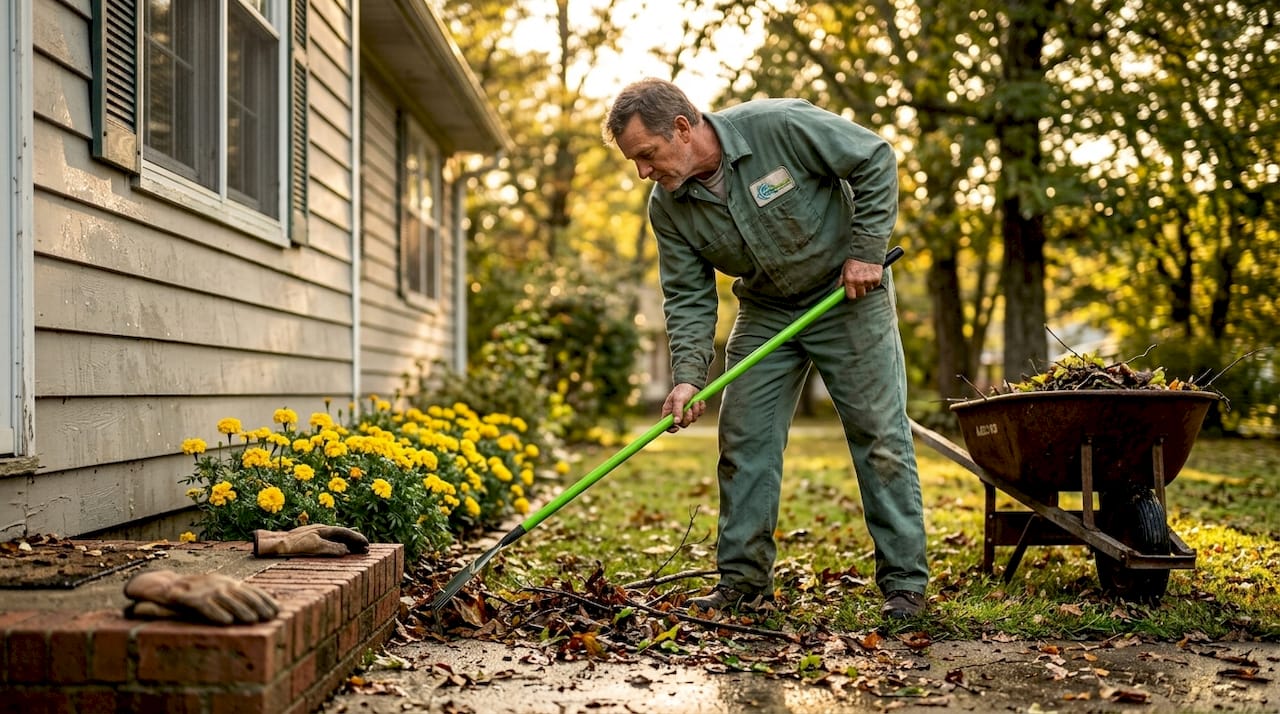 Landscaper clearing leaves near house foundation