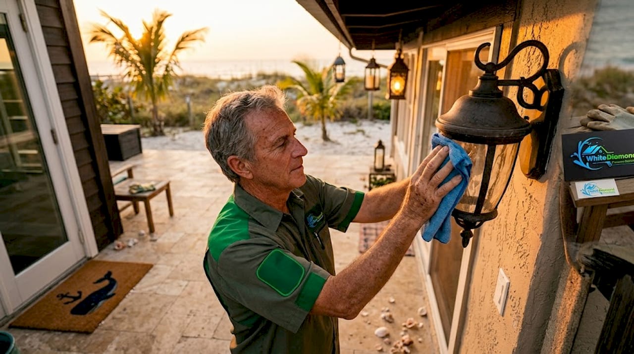 Homeowner cleaning outdoor light fixture