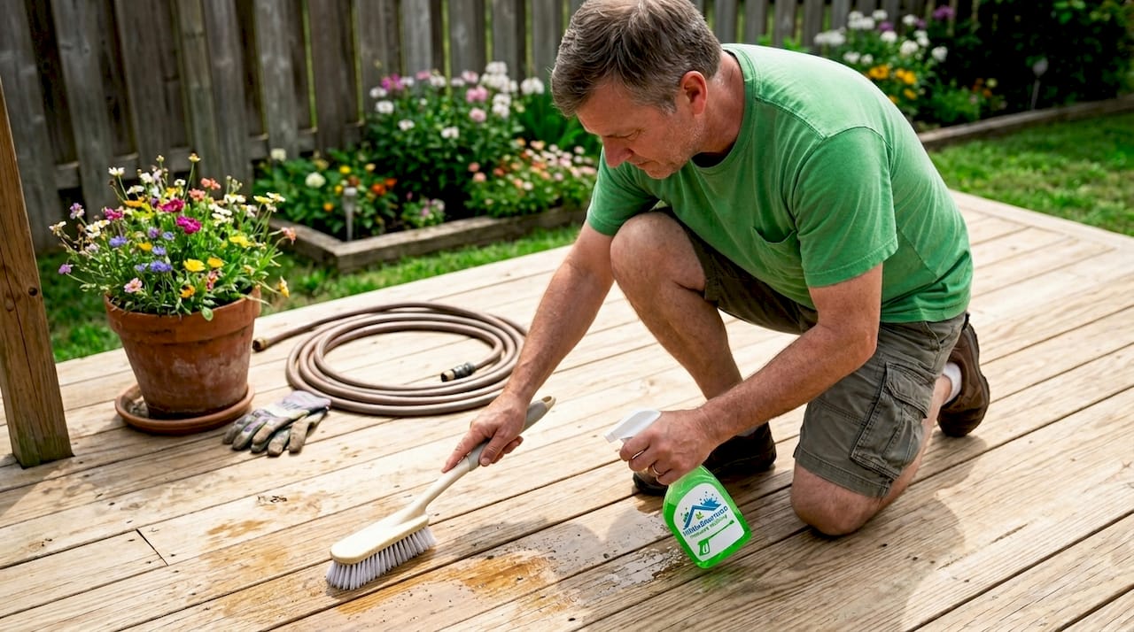 Homeowner gently cleans wooden deck outdoors