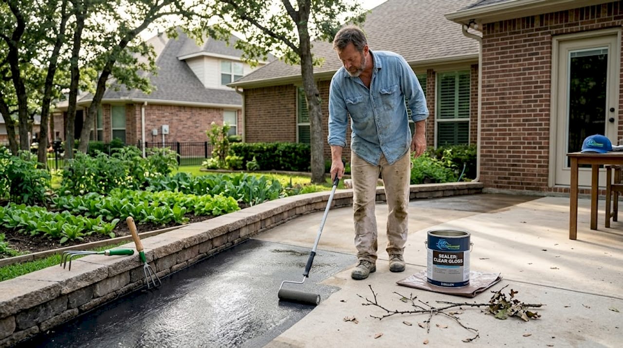 Homeowner applying sealer to concrete driveway