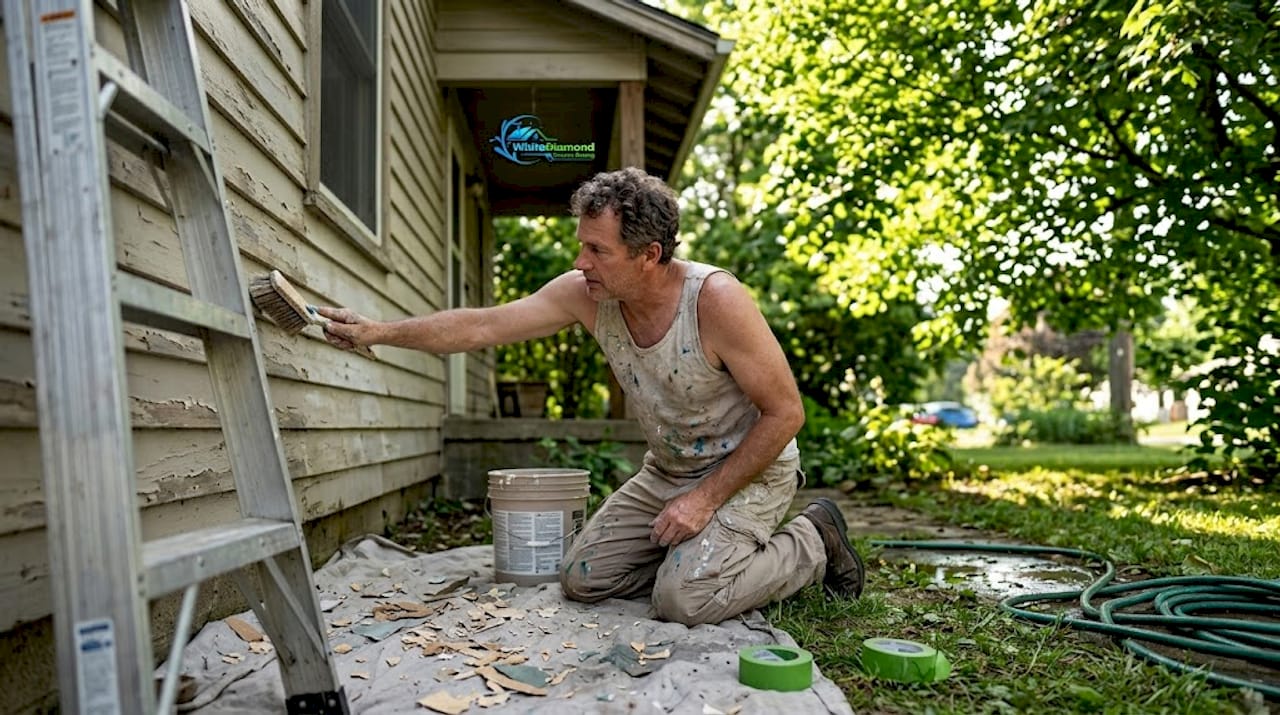 Homeowner scrubbing house siding for paint prep