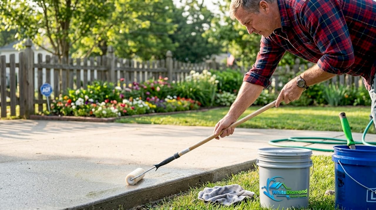 Homeowner applying sealant to clean driveway