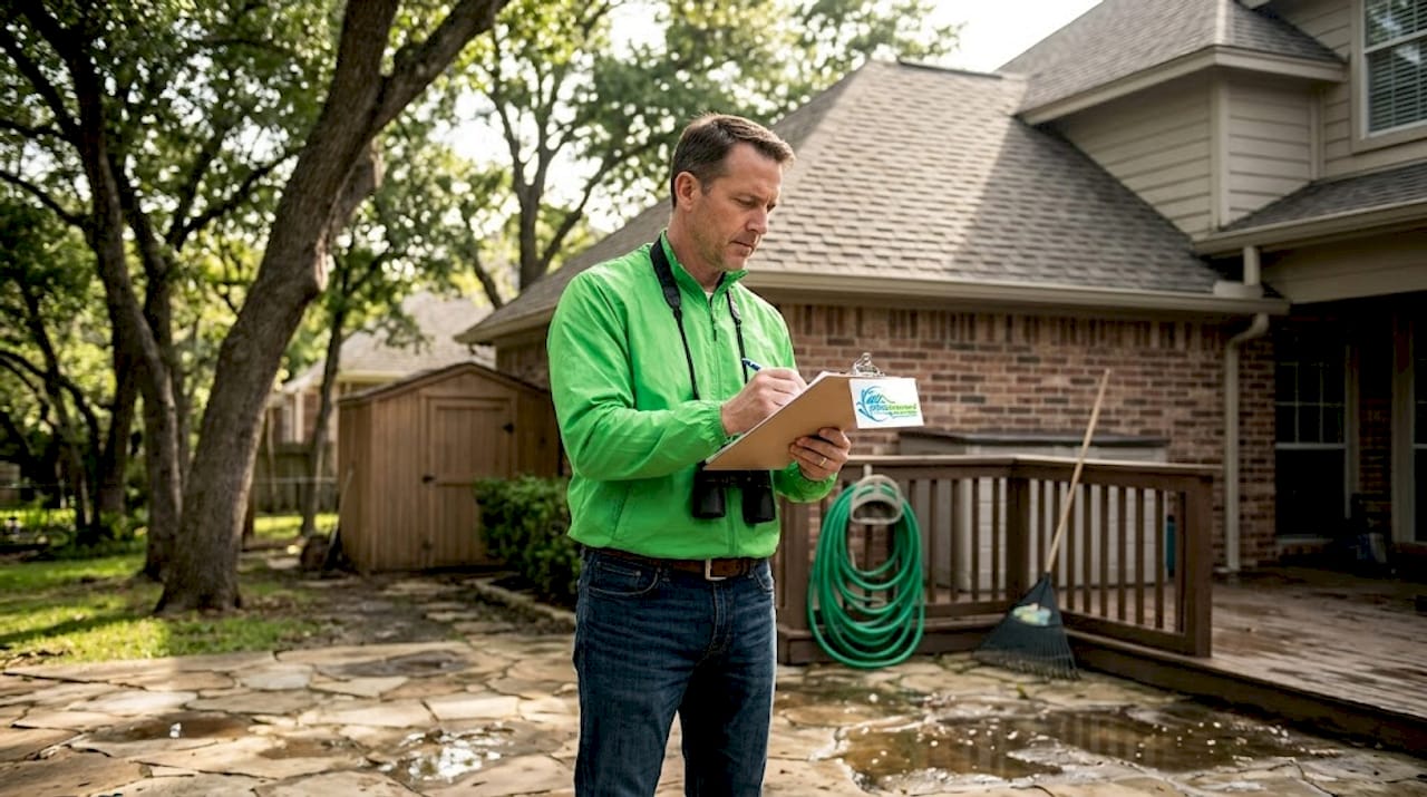 Homeowner inspecting roof from driveway