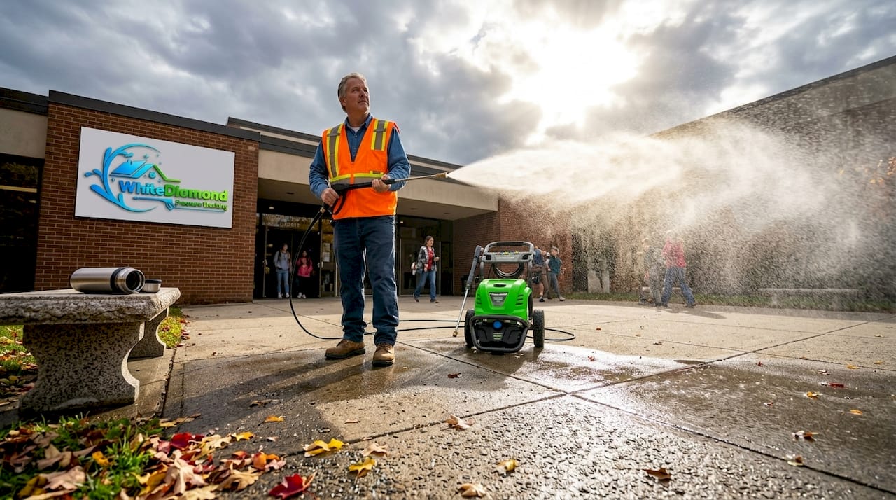 Worker cleaning outdoor walkway with changing weather