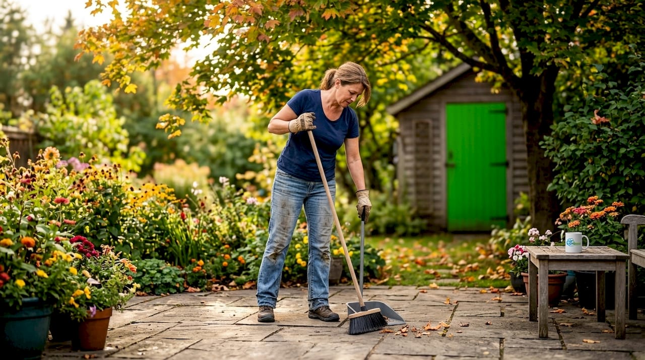 Homeowner sweeping stone patio outdoors