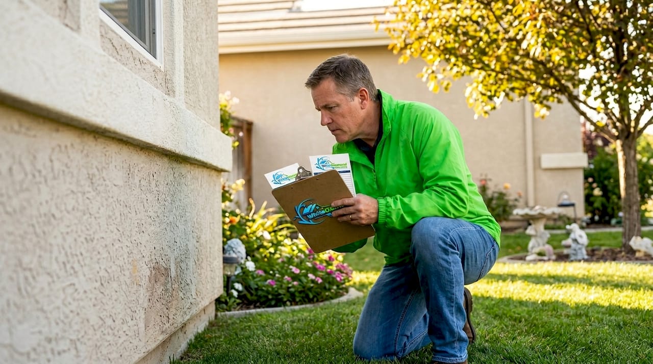 Home inspector examining exterior stucco