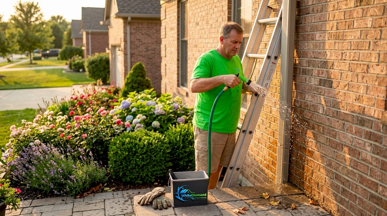 Homeowner cleaning downspout ladder outside
