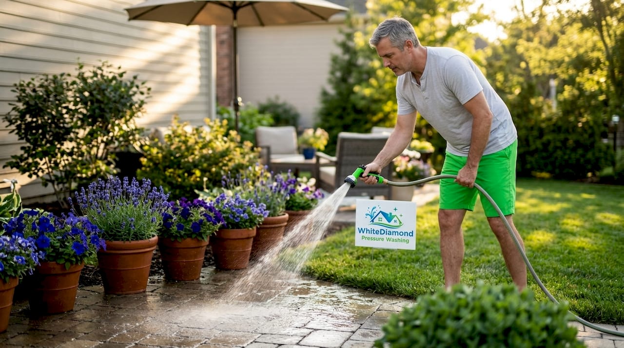 Homeowner rinsing a paver patio outdoors