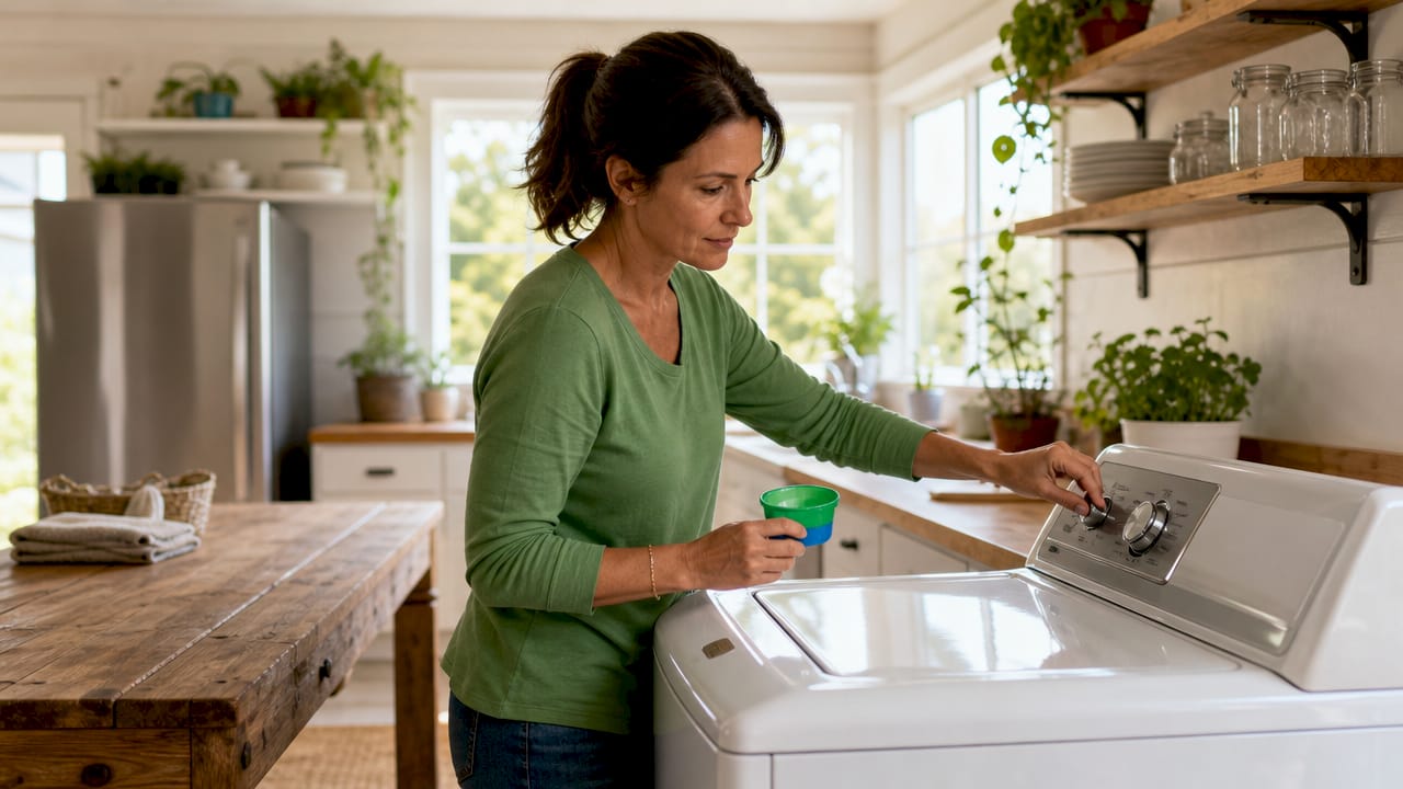 Woman selecting water temperature on washing machine