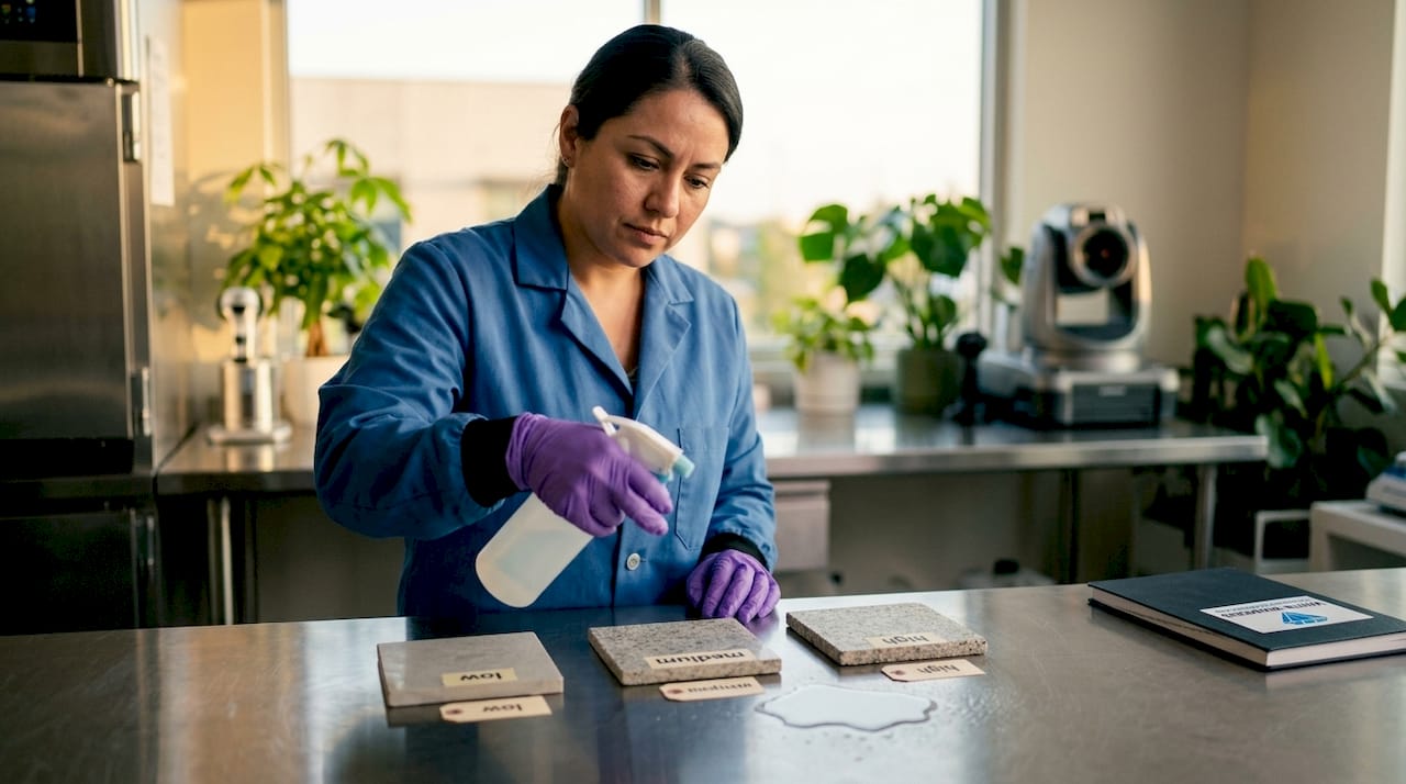 Lab technician spraying cleaner on porous surfaces