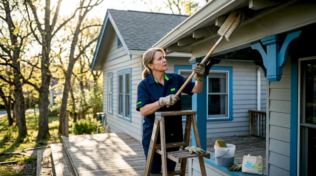 Homeowner removing spider webs from porch eave