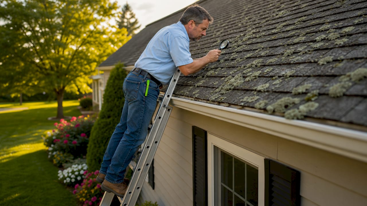 Homeowner inspecting lichen on roof shingles
