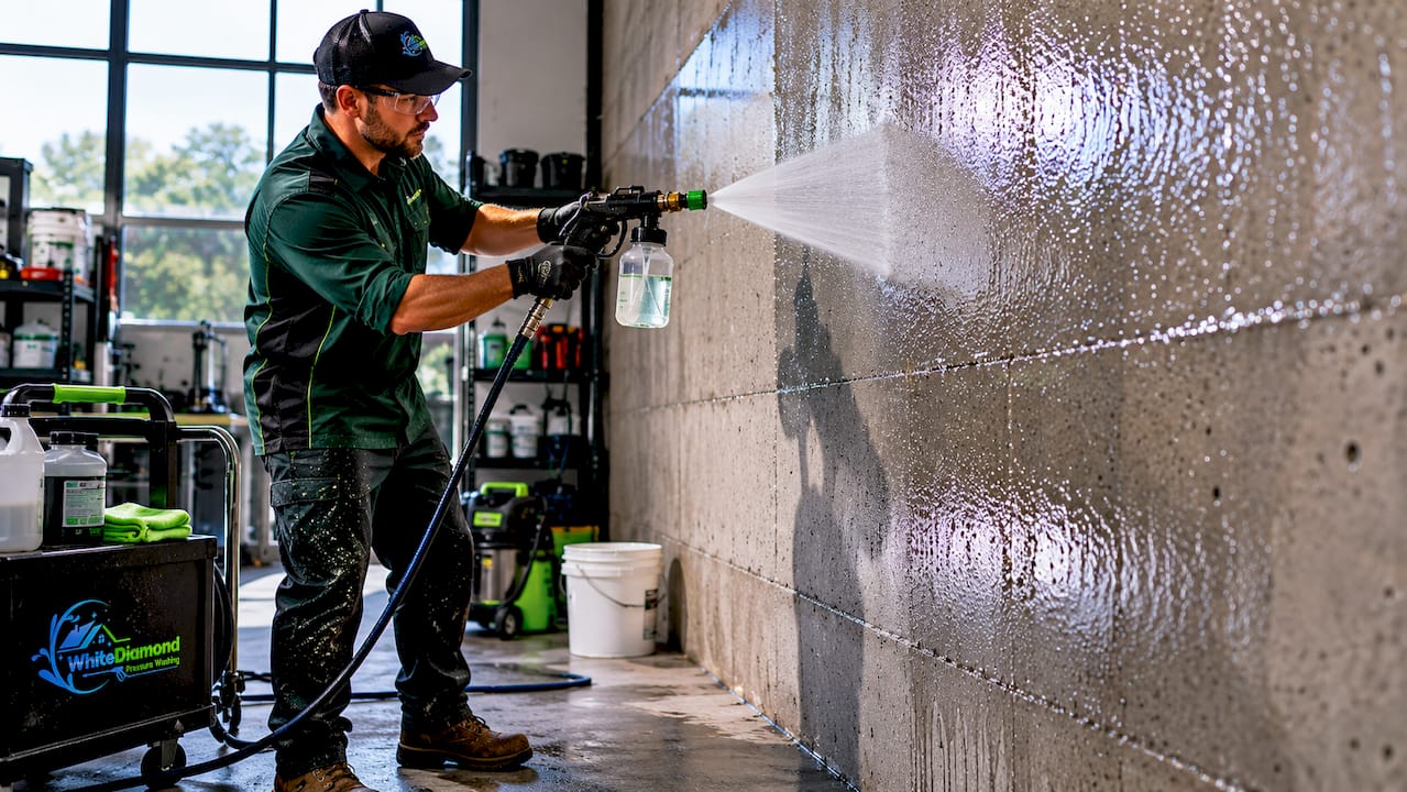 Technician applying protective surface coating
