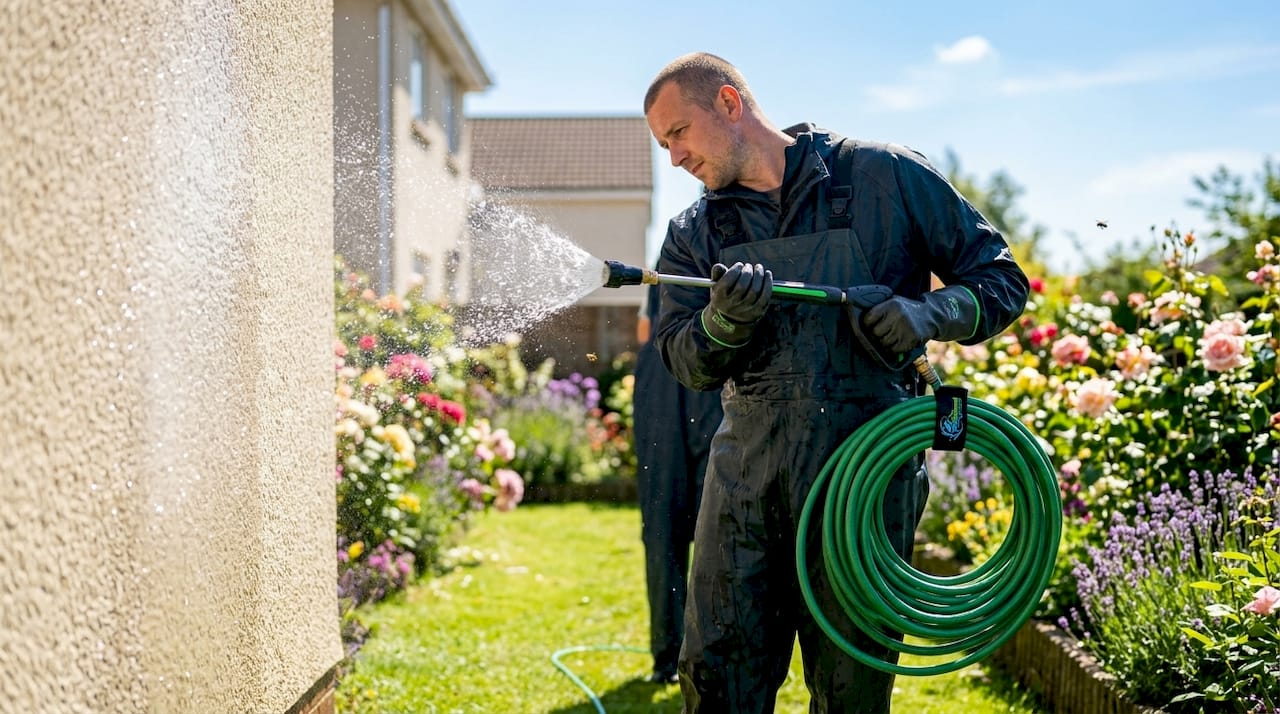 Technician performing low-pressure rinsing on house exterior