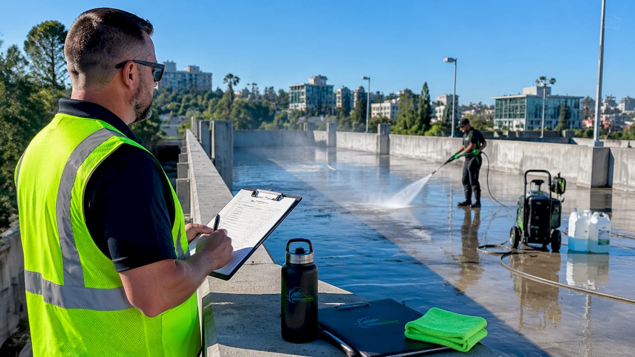 Property manager overseeing parking structure cleaning
