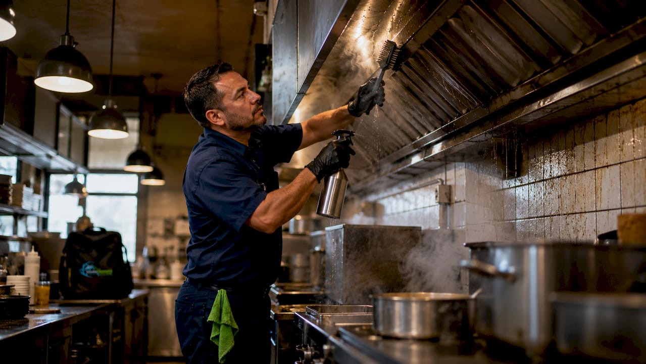 Technician cleaning commercial kitchen canopy