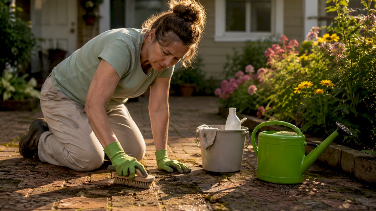 Homeowner scrubbing residential walkway outdoors
