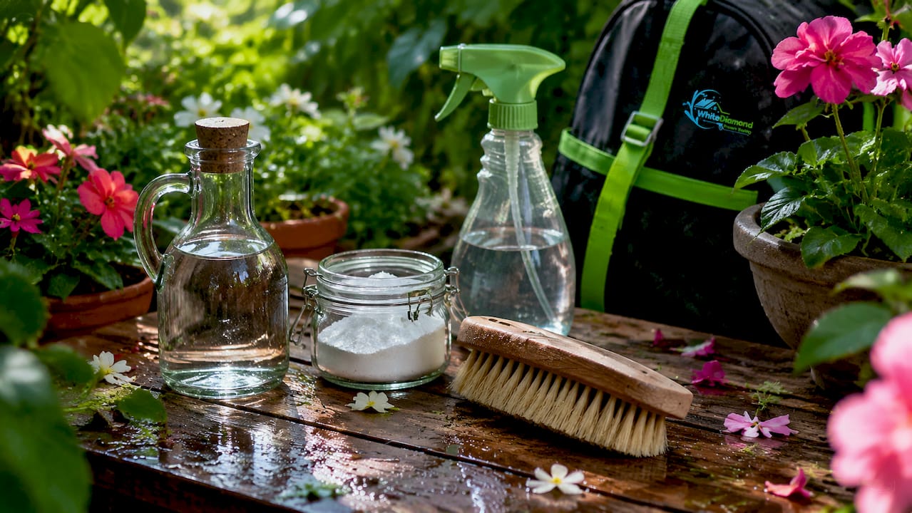 Walkway cleaning tools on stone patio overhead