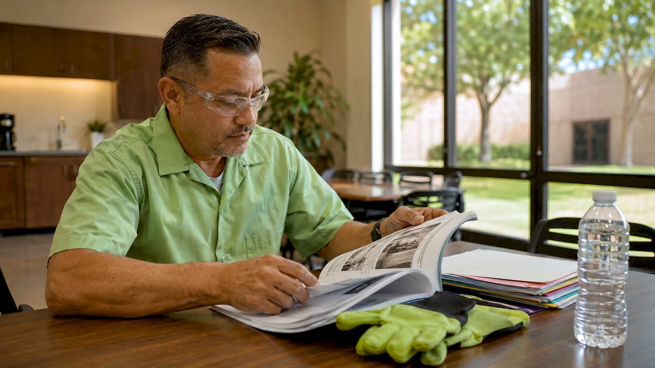 Cleaning supervisor reviewing procedures manual