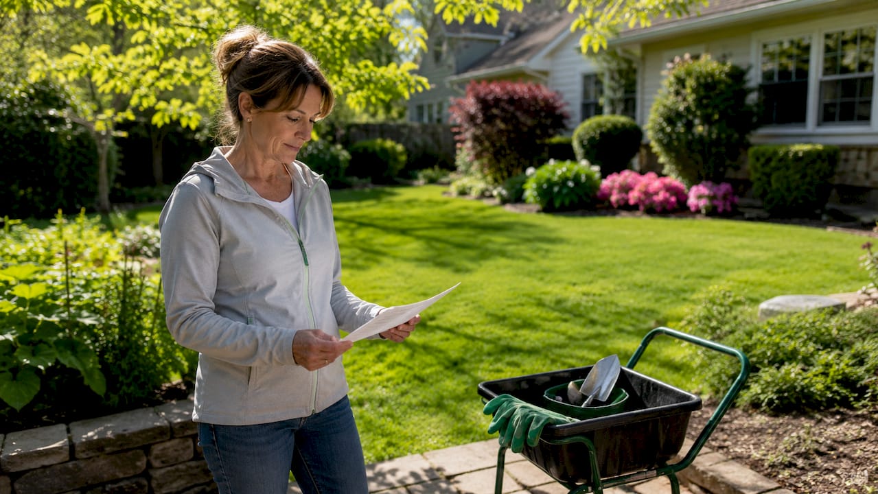 Homeowner reviewing maintenance checklist outdoors