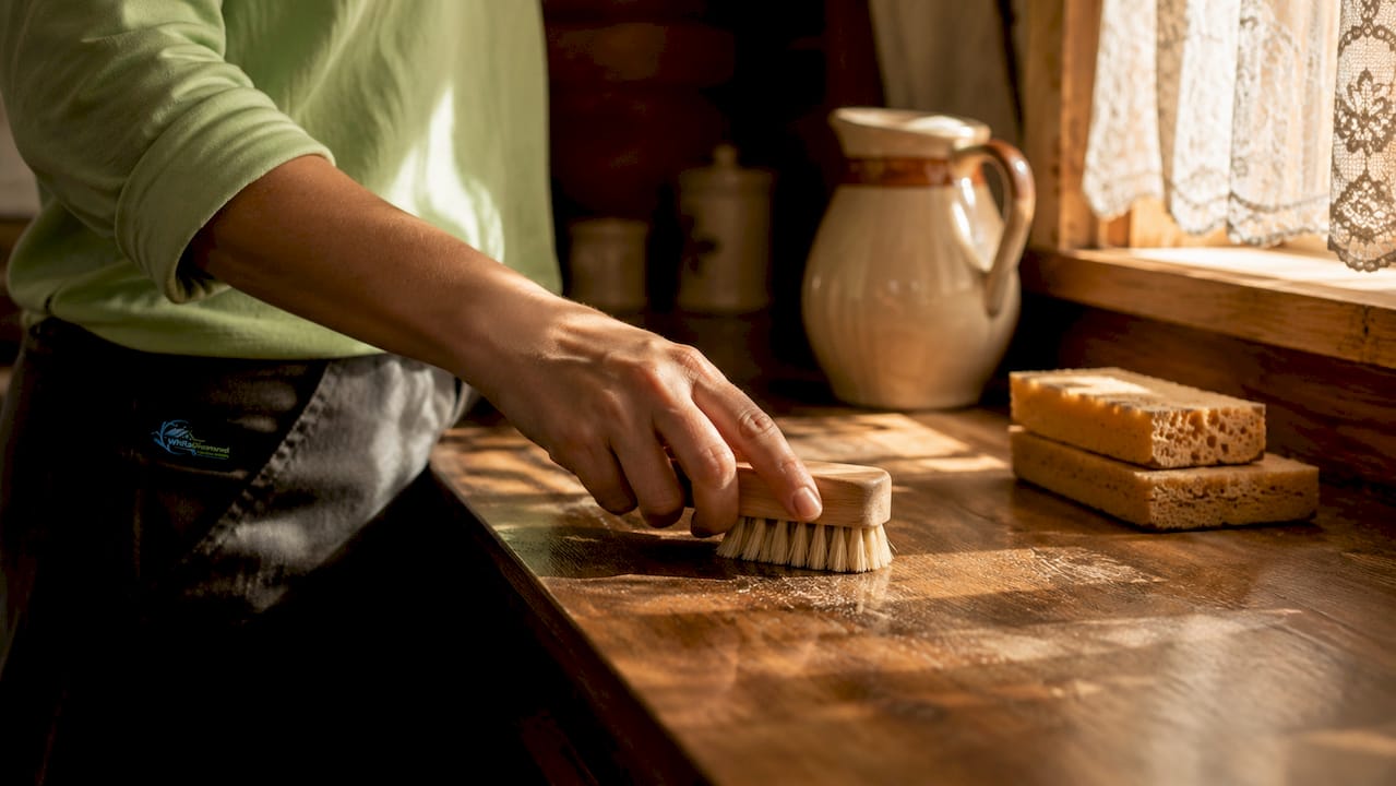 Hand cleaning wooden surface with soft bristle brush