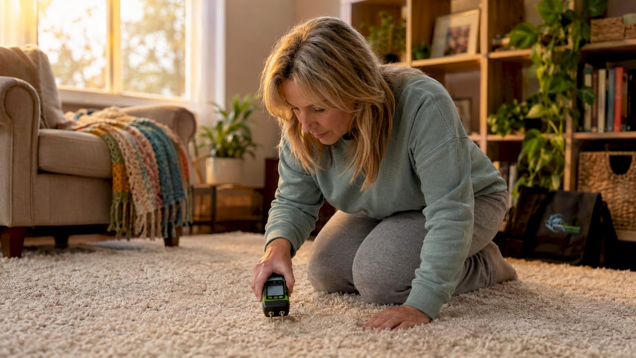 Woman measuring floor dryness with moisture meter