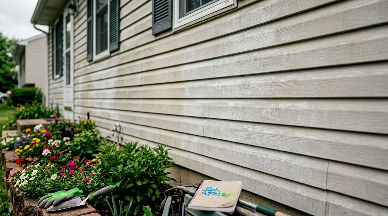 Close-up of chalky oxidized house siding