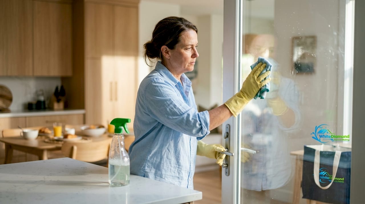 Woman cleaning grimy window in living room