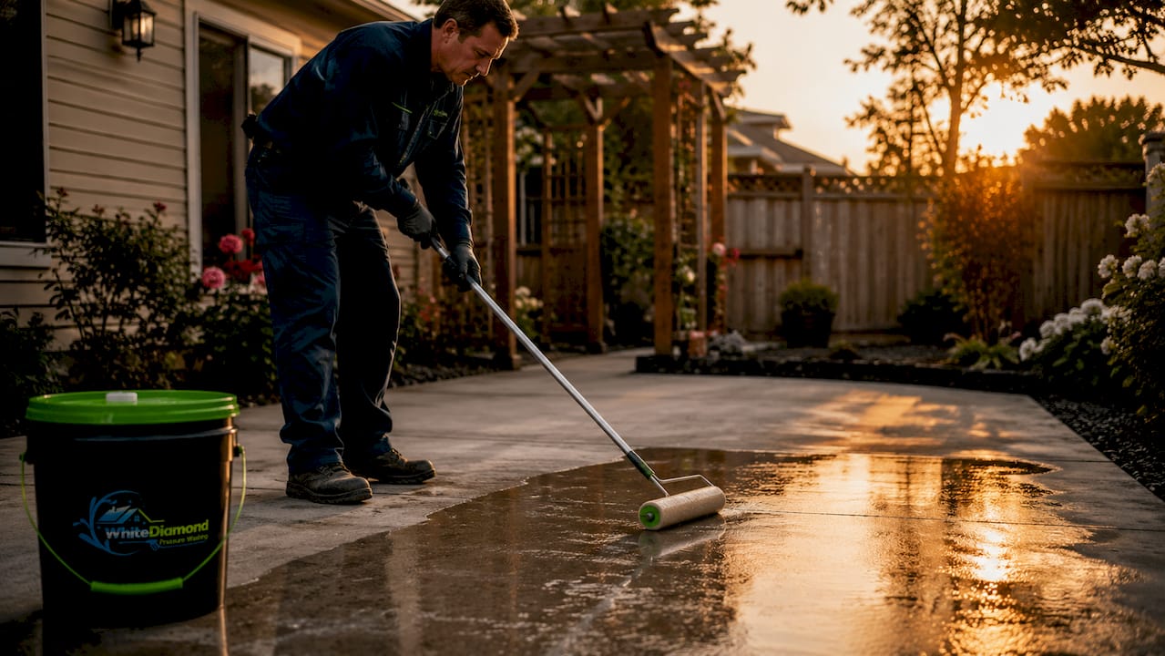 Technician sealing freshly washed concrete patio