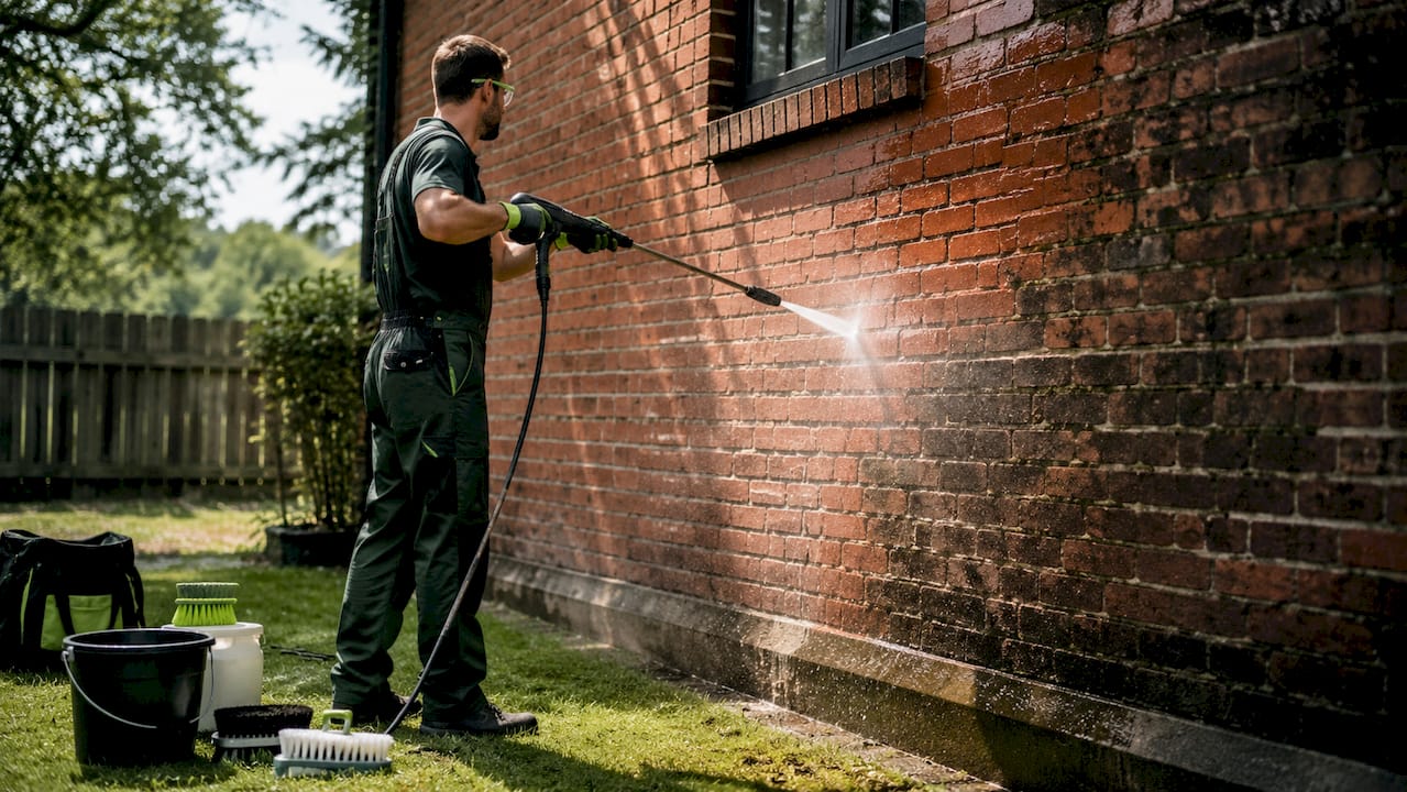 Technician cleaning brick house exterior with low-pressure washer