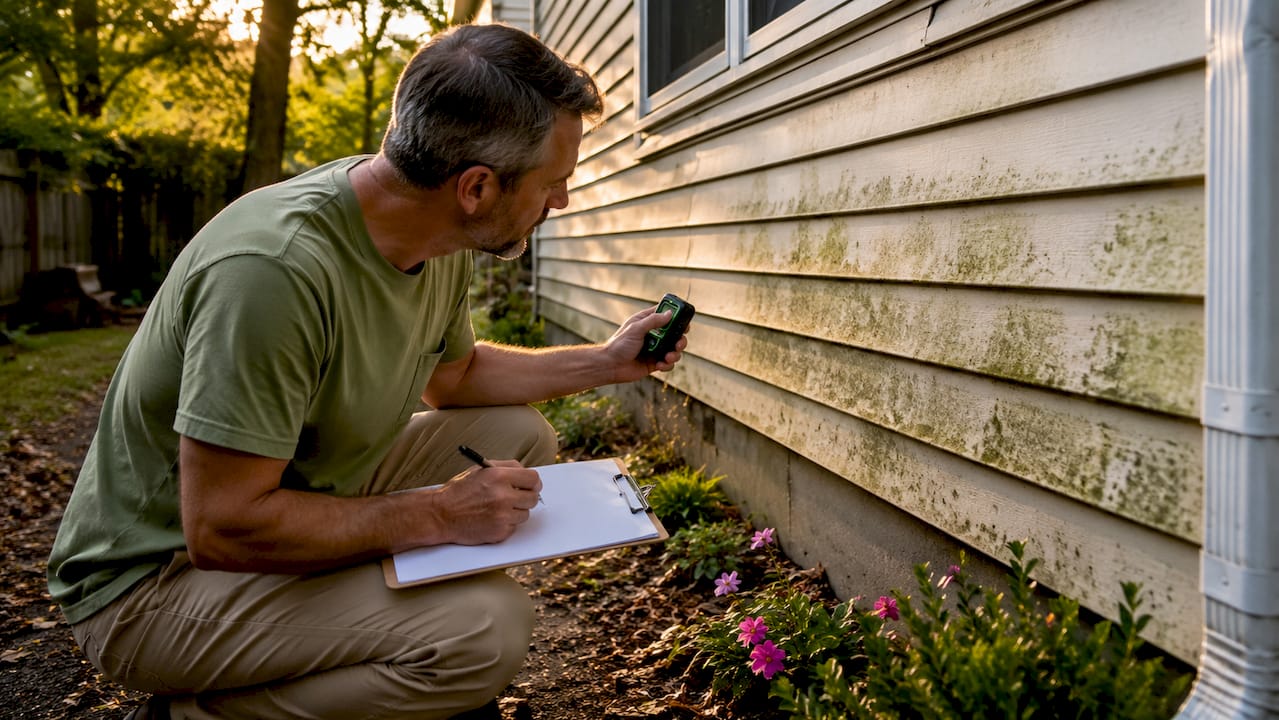 Homeowner inspecting microbial growth on siding