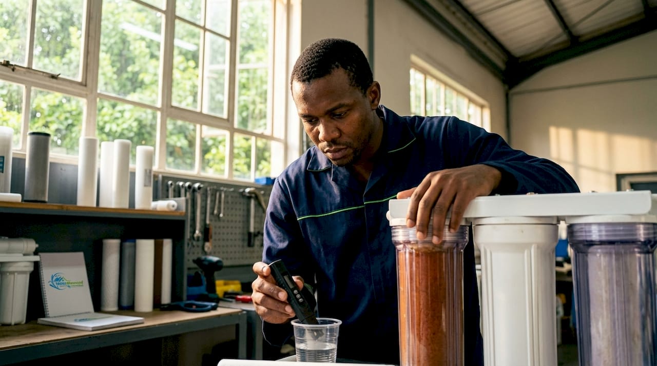 Technician inspecting water filtration system components