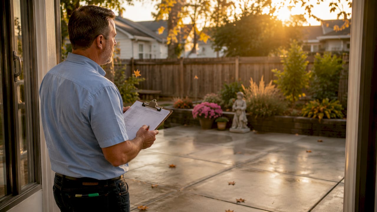 Landlord inspecting clean rental property exterior