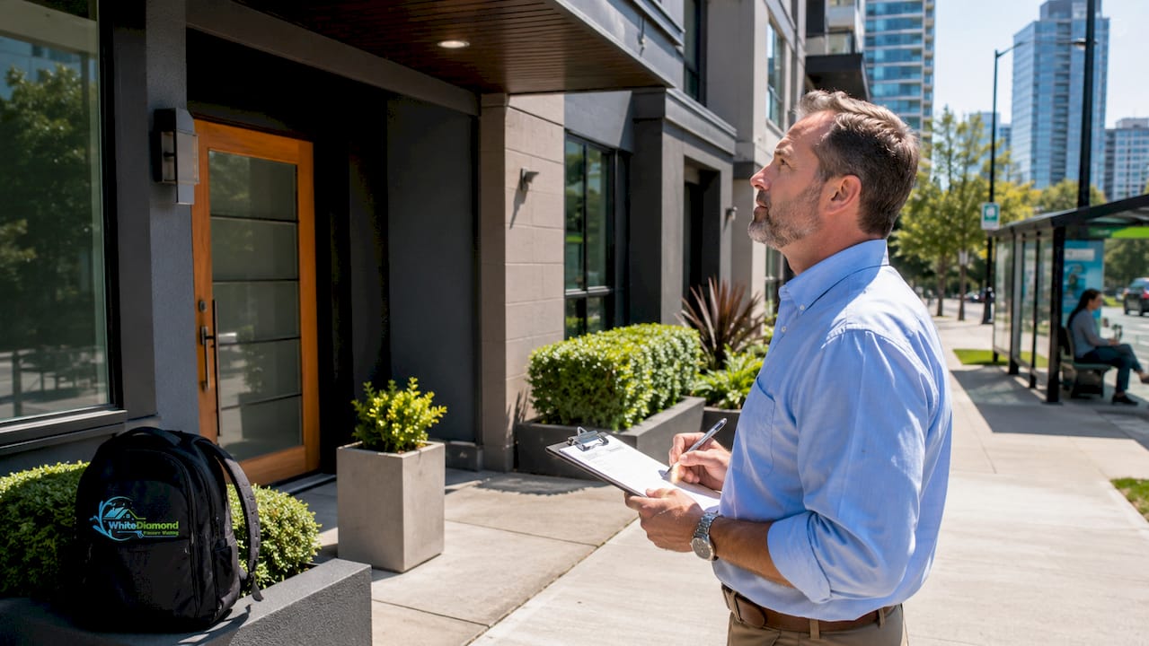 Property manager inspecting clean house exterior