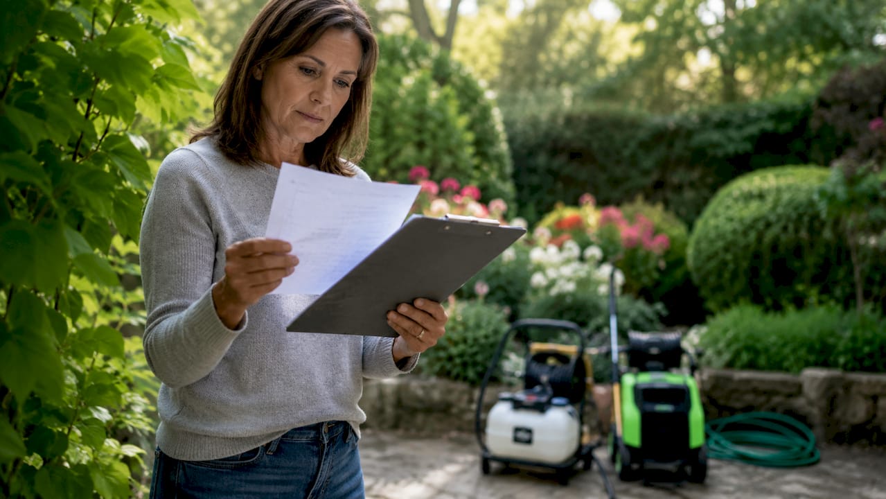 Homeowner verifying vendor insurance documents outdoors