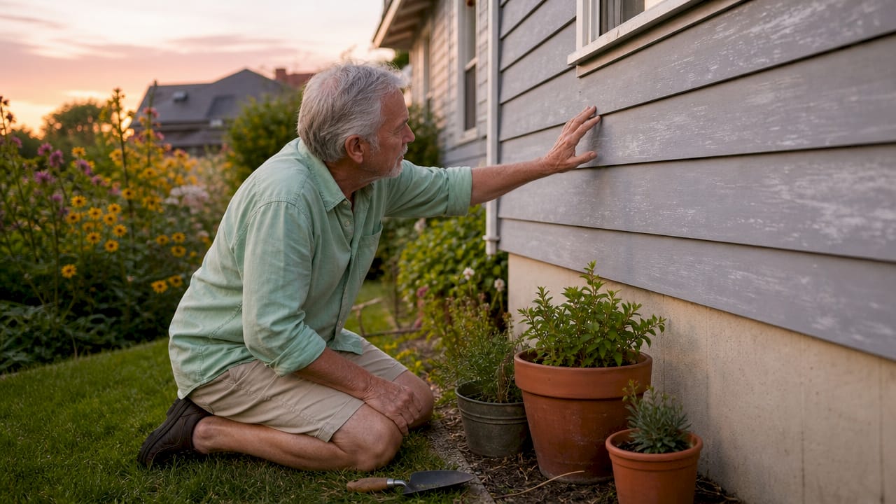 Homeowner inspecting oxidized siding in sunlight