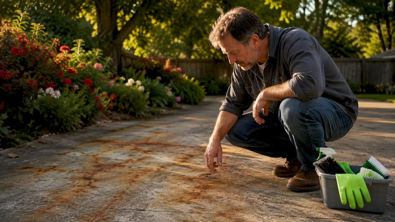 Homeowner inspecting rust stains on driveway