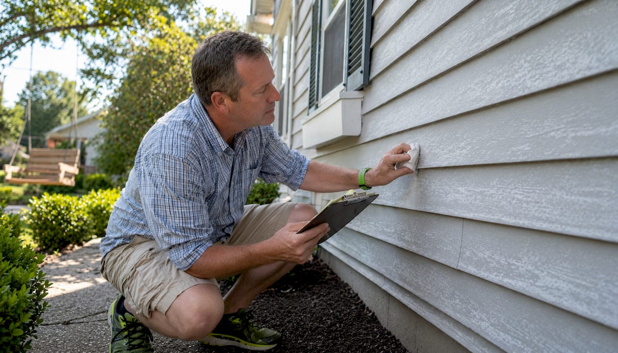 Home inspector examining chalked vinyl siding