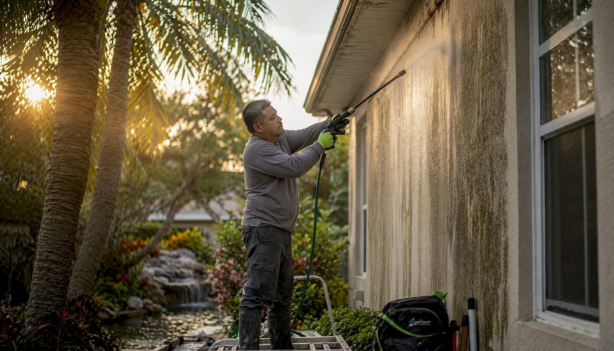 Man inspecting algae-covered Florida roof