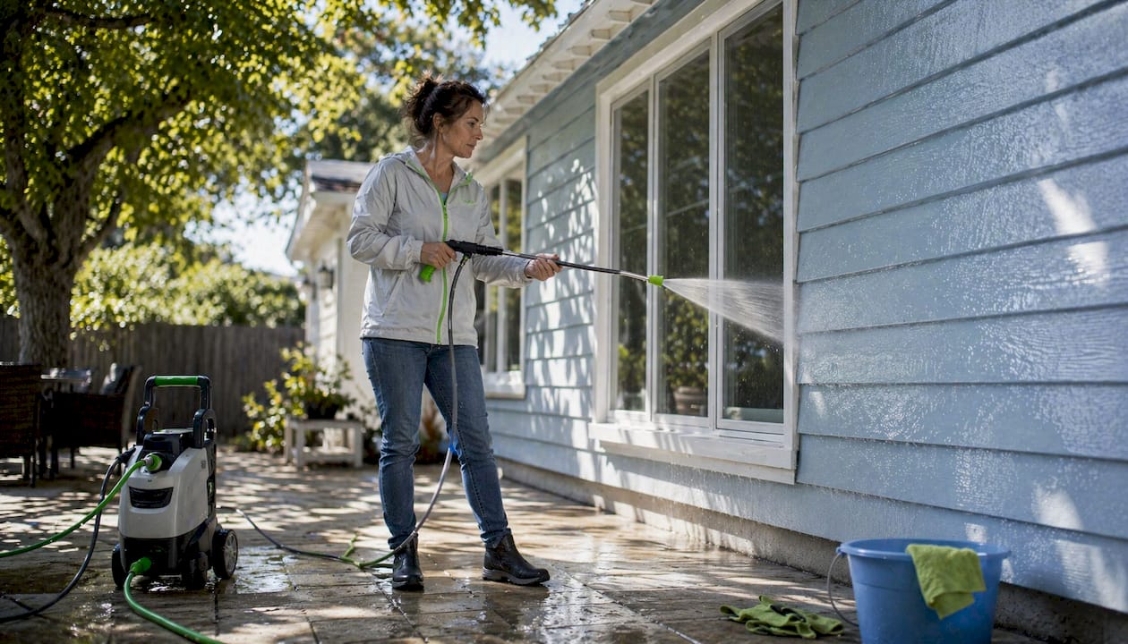 Woman soft washing house exterior on driveway