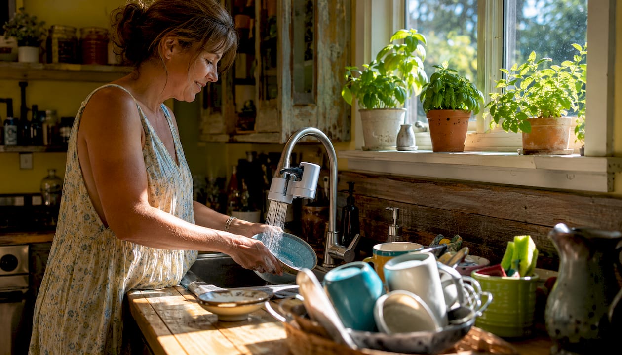Woman rinsing dishes with filtered water at home kitchen sink